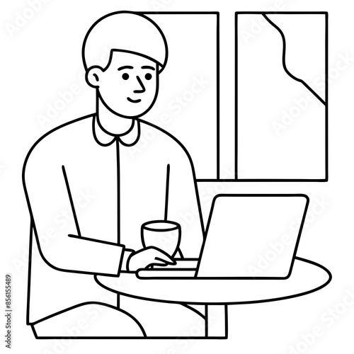 IT developer looking on a laptop vector line art and silhouette illustration