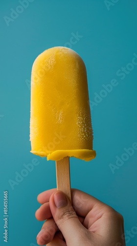 Hand Holding a Cantaloupe Popsicle Ice Cream Against a Sky Blue Background. Summer Frozen Treat, Ice Cream, Popsicle, Happy Summer Vacation, Children's Day, Snack, Taste Buds, Cheerful Mood, Seasonal  © Da