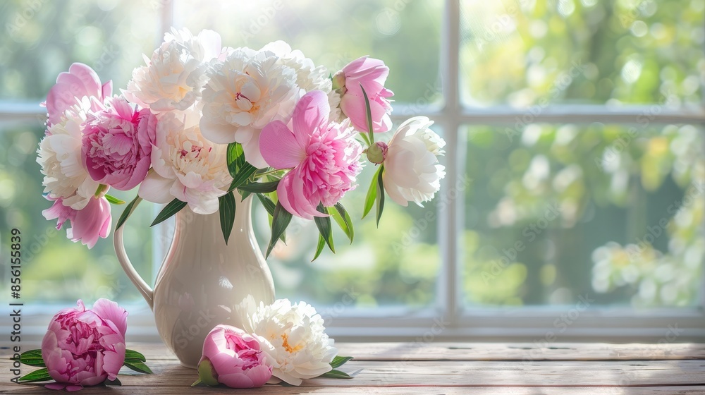 Close up view of pink and white peonies in a jug on wooden table near window focusing on specific area Close up view of pink and white peonies in a jug on wooden table near window focusing on specific area