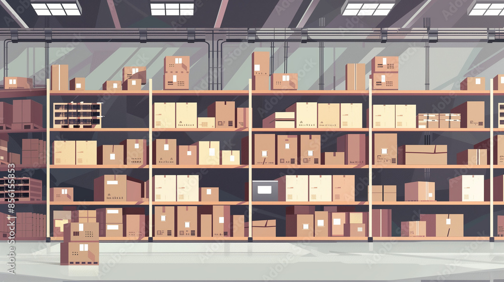 Spacious warehouse with organized shelves, industrial storage facility. Spacious warehouse with organized shelves, industrial storage facility.