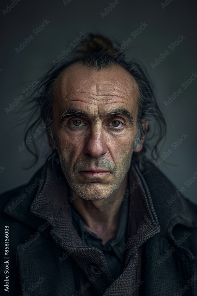 A portrait of a man with a messy topknot, gazing seriously into the camera A portrait of a man with a messy topknot, gazing seriously into the camera