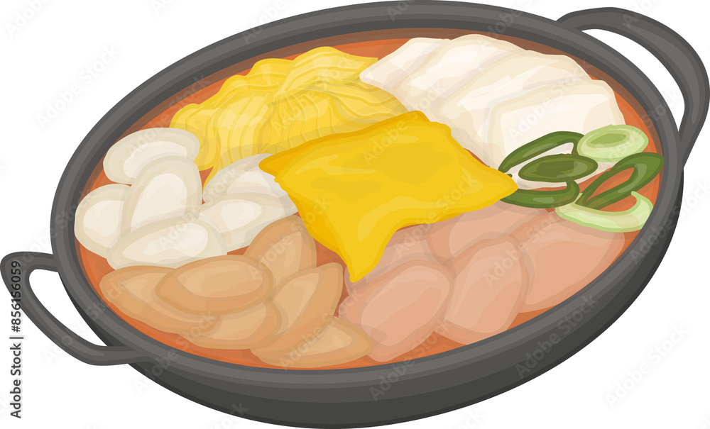 Illustration of Budae Jjigae, Korean Spicy Sausage Stew Illustration of Budae Jjigae, Korean Spicy Sausage Stew