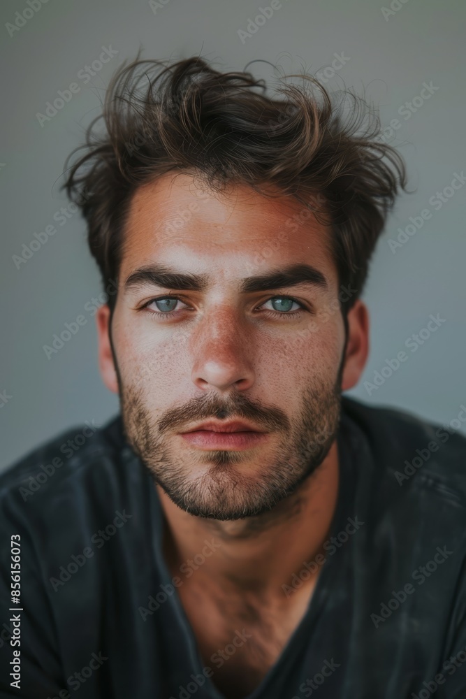 A close-up of a man with a goatee and beard, intensely gazing at the camera A close-up of a man with a goatee and beard, intensely gazing at the camera