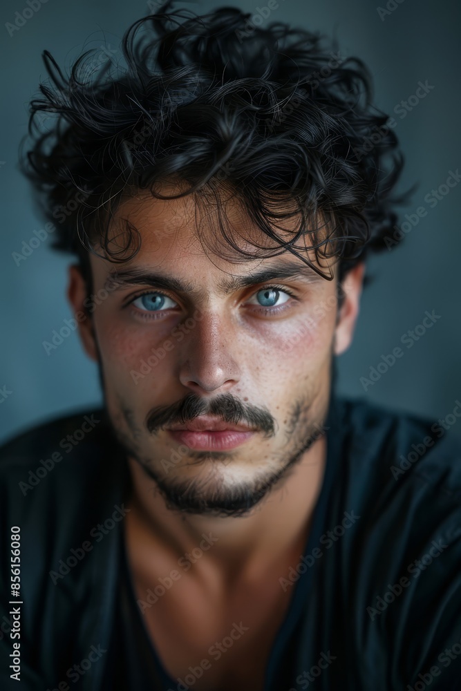 A man with curly hair and a mustache gazes at the camera with a serious expression, his gaze directed to his left A man with curly hair and a mustache gazes at the camera with a serious expression, his gaze directed to his left
