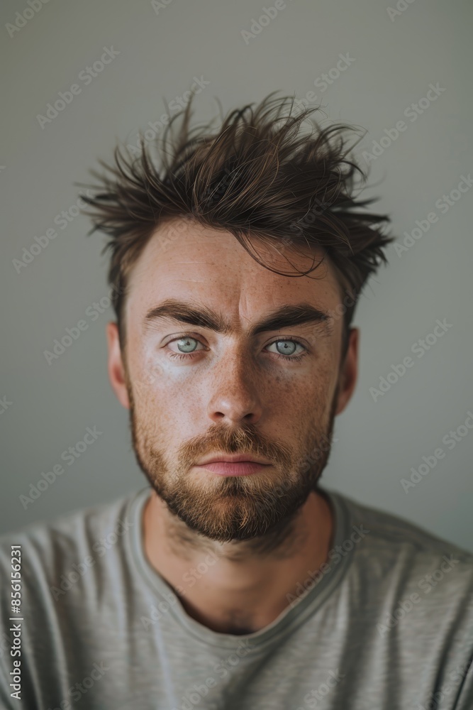 A close-up of a bearded man with blue eyes gazing intently into the camera A close-up of a bearded man with blue eyes gazing intently into the camera