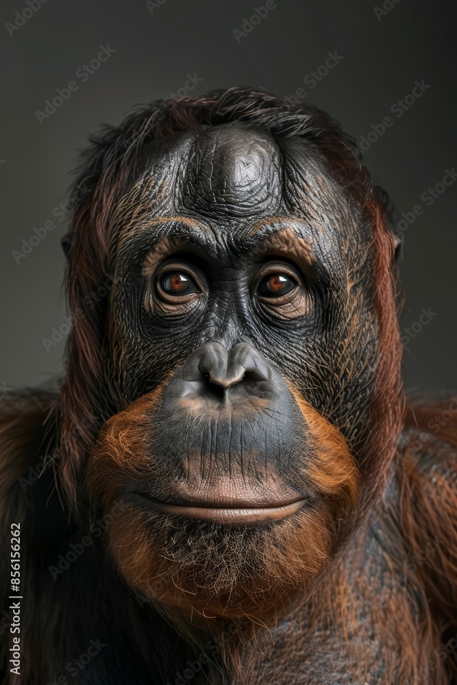 A tight shot of a monkey's face against a solid black backdrop, featuring a brown monkey head centered in the frame A tight shot of a monkey's face against a solid black backdrop, featuring a brown monkey head centered in the frame