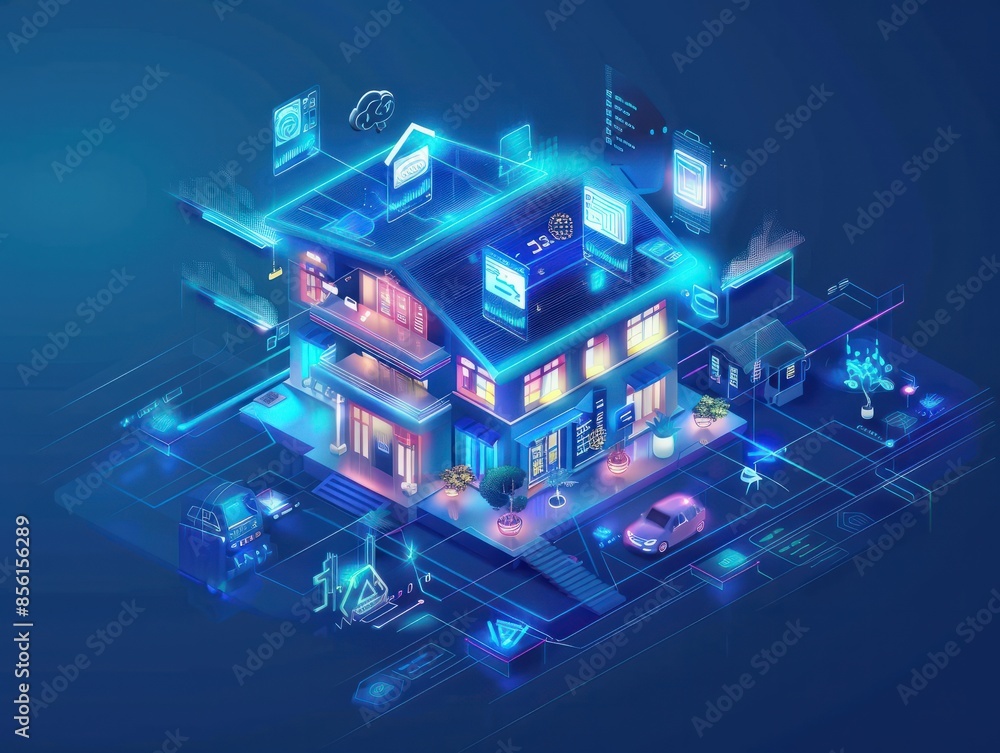 Smart home technology conceptual banner. Building consists digits and connected with icons of domestic smart devices. illustration concept of System intelligent control house on blue background Smart home technology conceptual banner. Building consists digits and connected with icons of domestic smart devices. illustration concept of System intelligent control house on blue background