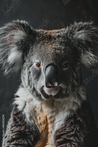  A koala in close-up, seated on a chair, head turned aside, eyes expressively wide, against a black backdrop