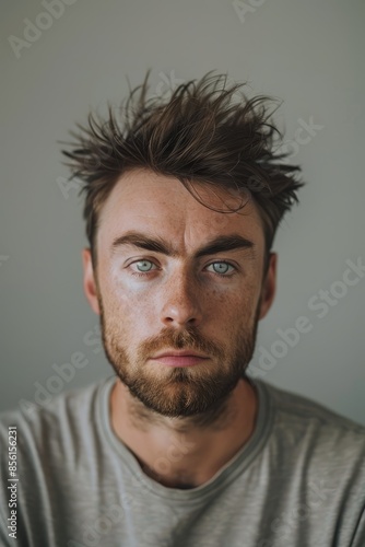 A close-up of a bearded man with blue eyes gazing intently into the camera © Jevjenijs