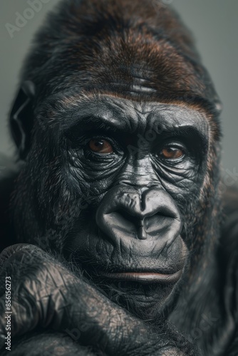  A close-up of a gorilla's face with a serious expression and a gray background contrasts with a white wall and a black background