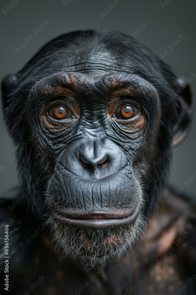 A close-up of a chimpanzee's face with a serious expression A close-up of a chimpanzee's face with a serious expression