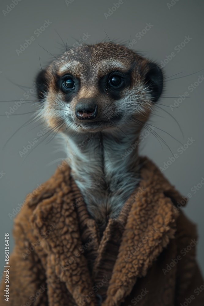 A tight shot of a meerkat in a robe, gazing seriously at the camera against a gray backdrop A tight shot of a meerkat in a robe, gazing seriously at the camera against a gray backdrop