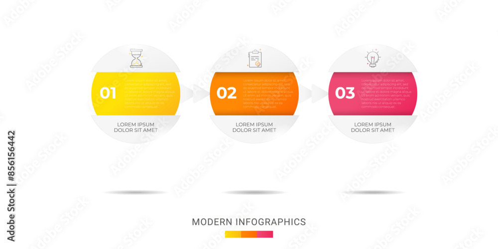 Business vector infographics with three circles and arrows. Timeline visualization with 3 steps for diagram, flowchart, banner, presentations, web, content, levels, chart, graphic Business vector infographics with three circles and arrows. Timeline visualization with 3 steps for diagram, flowchart, banner, presentations, web, content, levels, chart, graphic
