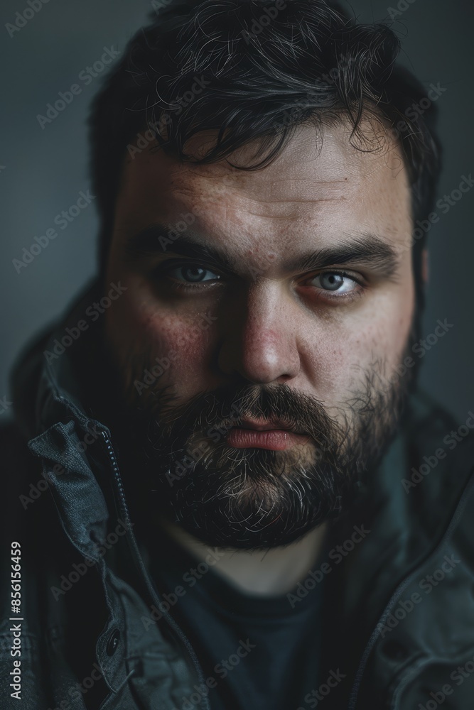 A close-up of a bearded man in a jacket, gazing seriously at the camera A close-up of a bearded man in a jacket, gazing seriously at the camera