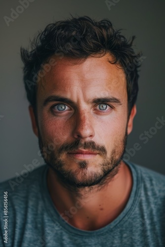  A close-up of a bearded man with blue eyes, gazing intently into the camera © Jevjenijs