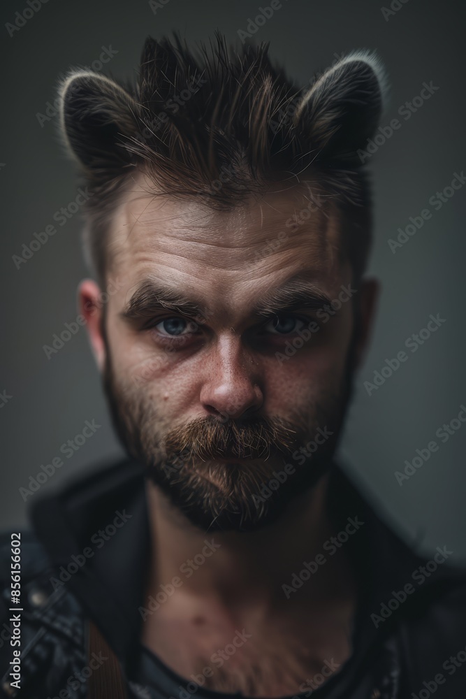 A tight shot of a man with a goatee chin and menacing gaze, clad in a leather jacket, fixing his stern stare at the camera A tight shot of a man with a goatee chin and menacing gaze, clad in a leather jacket, fixing his stern stare at the camera