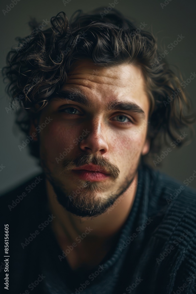 A man with curly hair and a goatee gazes into the camera, his expression serious Behind him, a dark backdrop prevails, contrasted by a gray tone A man with curly hair and a goatee gazes into the camera, his expression serious Behind him, a dark backdrop prevails, contrasted by a gray tone
