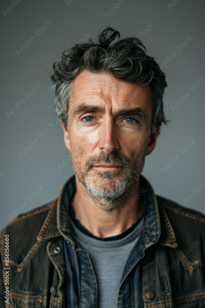 A close-up of a person in a jacket, gazing seriously at the camera against a gray backdrop A close-up of a person in a jacket, gazing seriously at the camera against a gray backdrop