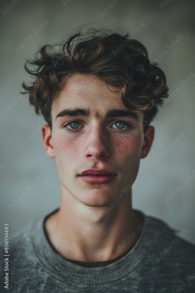 A young man with freckled hair and blue eyes gazes intently at the camera, conveying a serious expression A young man with freckled hair and blue eyes gazes intently at the camera, conveying a serious expression