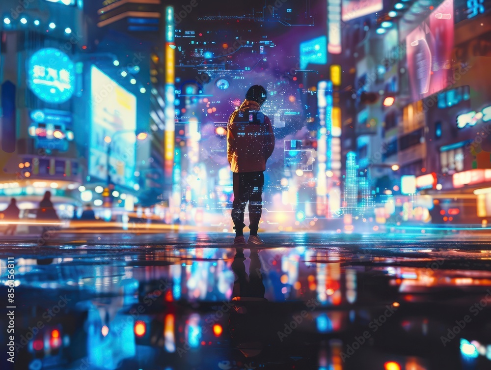 Vibrant tapestry of city night person stands at intersection of technology and urban life. Man with glow of smartphone screen illuminates face casting reflective ambiance on surrounding cityscape Vibrant tapestry of city night person stands at intersection of technology and urban life. Man with glow of smartphone screen illuminates face casting reflective ambiance on surrounding cityscape