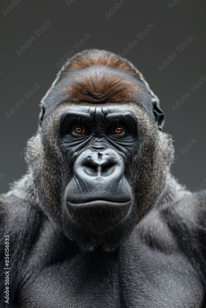 Close-up of gorilla's intense face , set against a gray backdrop Close-up of gorilla's intense face , set against a gray backdrop