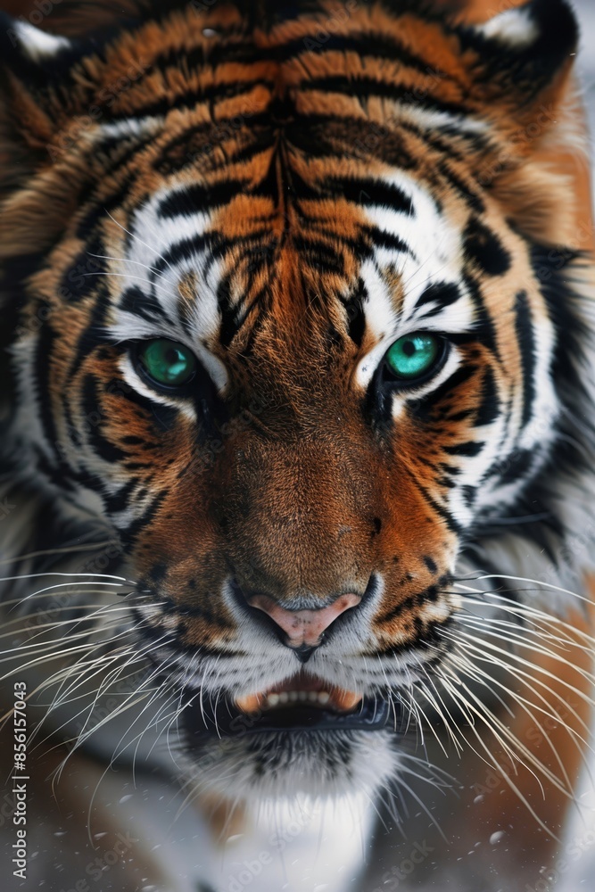 A tight shot of a tiger's face, its green eyes focused intently A solitary snowflake rests before the lens, contrasting against a hazy, out- A tight shot of a tiger's face, its green eyes focused intently A solitary snowflake rests before the lens, contrasting against a hazy, out-