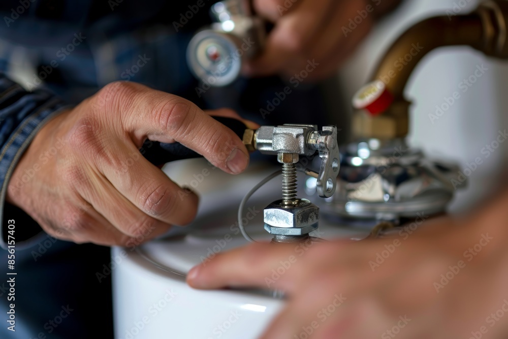 Plumber using wrench to tighten gas line on newly installed water heater tank on white background Plumber using wrench to tighten gas line on newly installed water heater tank on white background