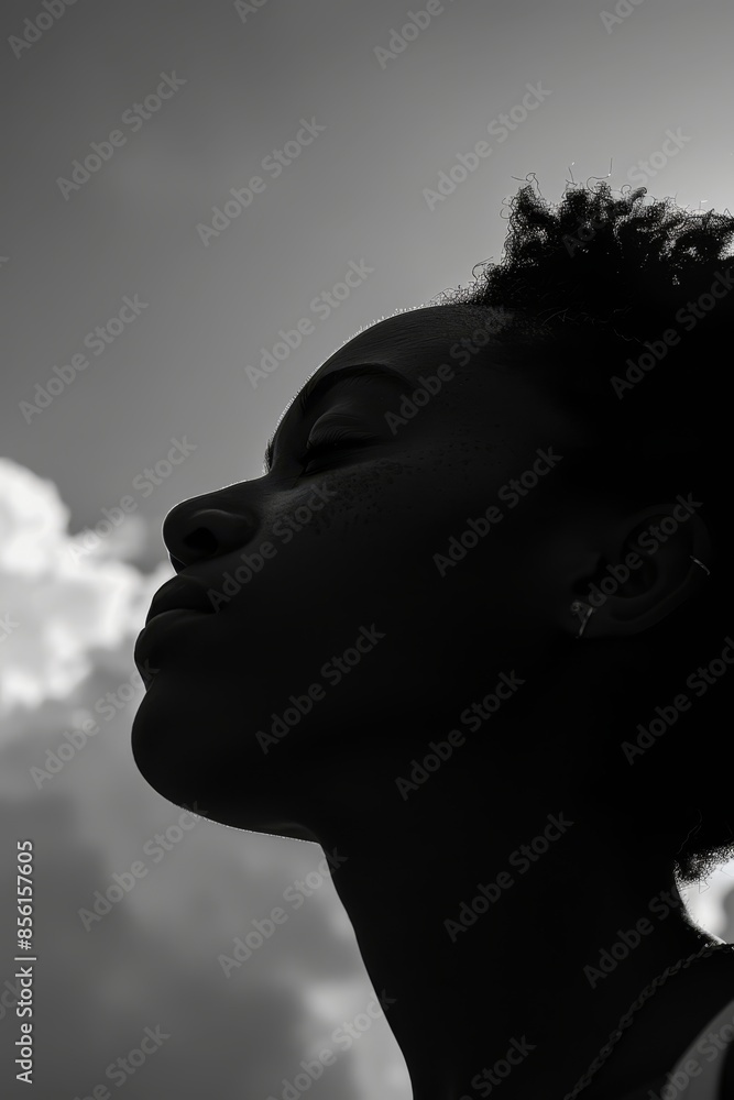 A black-and-white image of a woman with eyes closed and a cloudy sky behind is a profile shot of a woman A black-and-white image of a woman with eyes closed and a cloudy sky behind is a profile shot of a woman