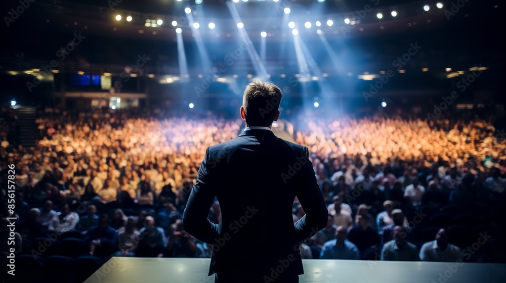 Obraz premium Back view of a motivational speaker on stage, addressing a large business audience, spotlight on speaker, expansive conference hall