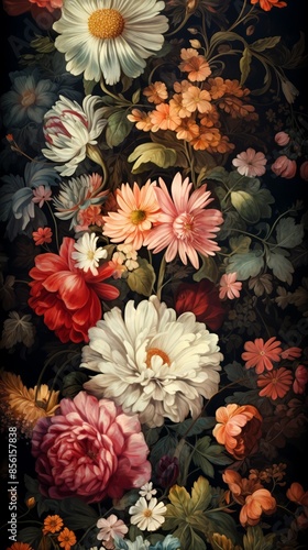 Wallpaper Mural Beautiful fantasy wallpaper featuring diverse vintage flowers, lush illustrations, deep velvety colors, old-world charm Torontodigital.ca