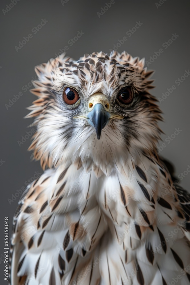 A birds of prey's intense gaze at the camera in a close-up, against a blurred backdrop of gray A birds of prey's intense gaze at the camera in a close-up, against a blurred backdrop of gray