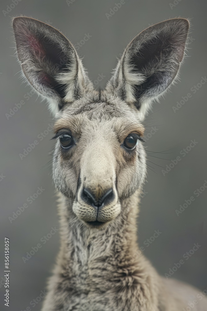 A kangaroo's face, with a serious expression in its left eye, is shown in a close-up The background is softly blurred A kangaroo's face, with a serious expression in its left eye, is shown in a close-up The background is softly blurred