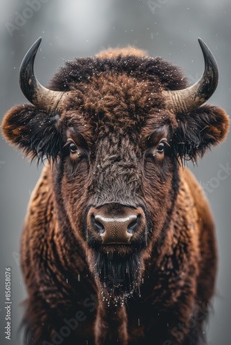  A bison in close-up, heavily coated in snow on its face and horns, gazes directly at the camera against a softly blurred background