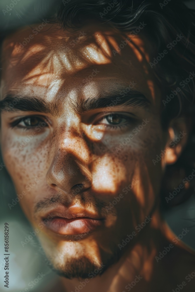 A close-up of a man's face with numerous freckles A close-up of a man's face with numerous freckles