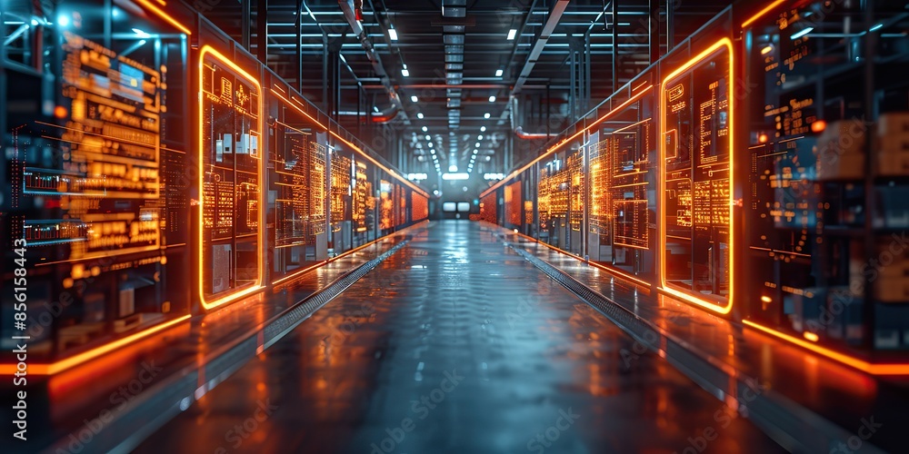 a futuristic technology retail warehouse that analyzes goods cardboard boxes and products delivery information in logistics and distribution centers using industry processes.stock illustration a futuristic technology retail warehouse that analyzes goods cardboard boxes and products delivery information in logistics and distribution centers using industry processes.stock illustration