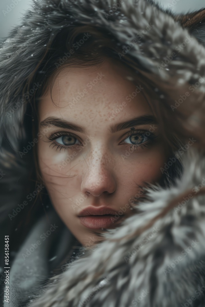 A woman with freckled hair and blue eyes wears a hooded jacket She covers her head with the hood, and her shoulders are covered by a freckled coat A woman with freckled hair and blue eyes wears a hooded jacket She covers her head with the hood, and her shoulders are covered by a freckled coat