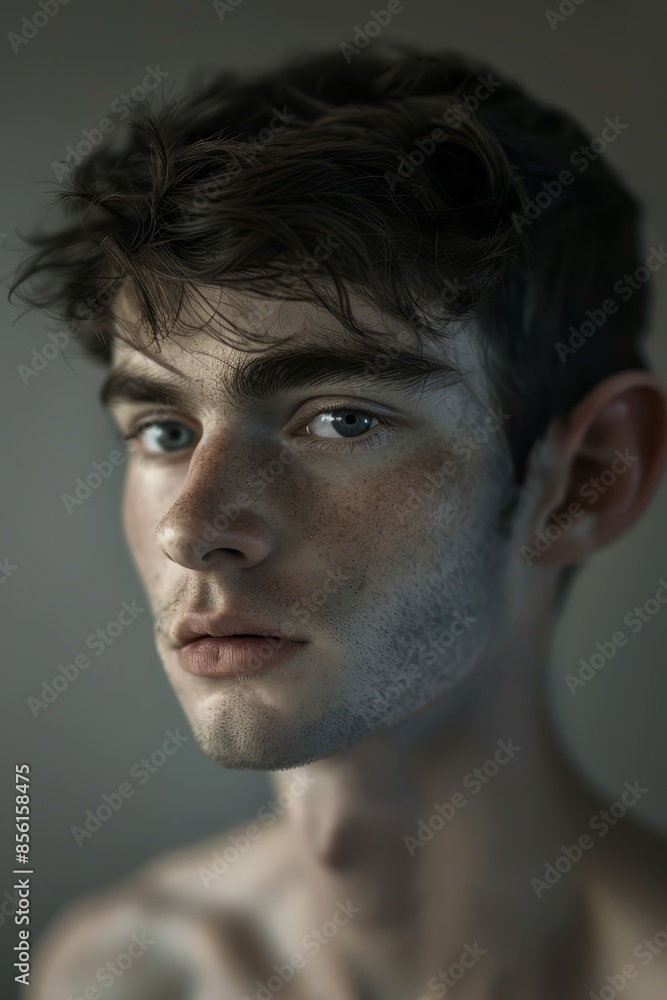 A tight shot of a man with freckles scattering his face and one on his chest He gazes intently into the camera with a serious expression A tight shot of a man with freckles scattering his face and one on his chest He gazes intently into the camera with a serious expression