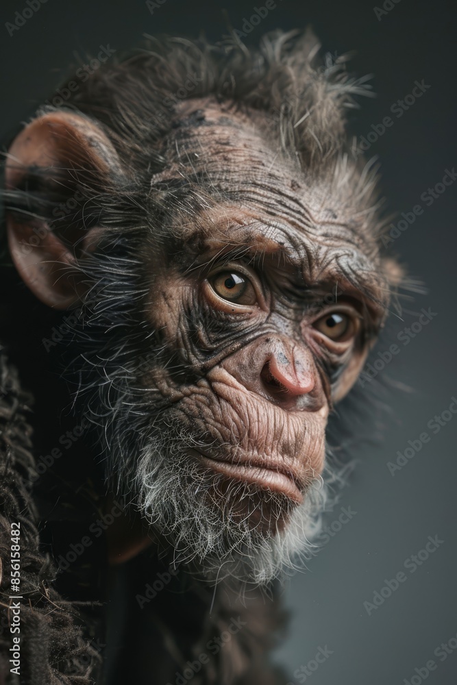 A tight shot of a monkey's face with a long, white beard extending from its chin, and a smaller beard covering its upper lip and jawline The monkey wears a A tight shot of a monkey's face with a long, white beard extending from its chin, and a smaller beard covering its upper lip and jawline The monkey wears a