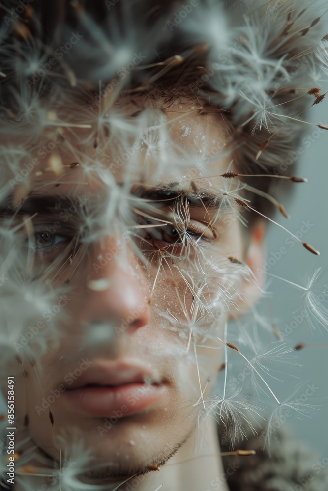 A close-up of a man with dandelions surrounding his face His features are located in the center of the dandelion blooms A close-up of a man with dandelions surrounding his face His features are located in the center of the dandelion blooms
