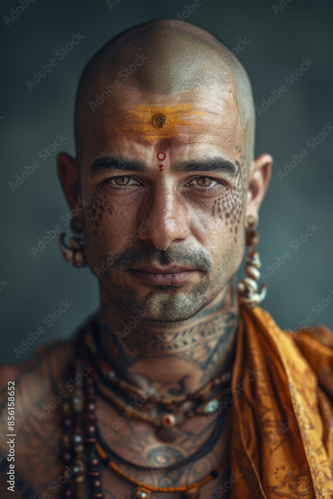 A close-up of a man with tattoos on his face and chest, bearing a cross on his forehead A close-up of a man with tattoos on his face and chest, bearing a cross on his forehead