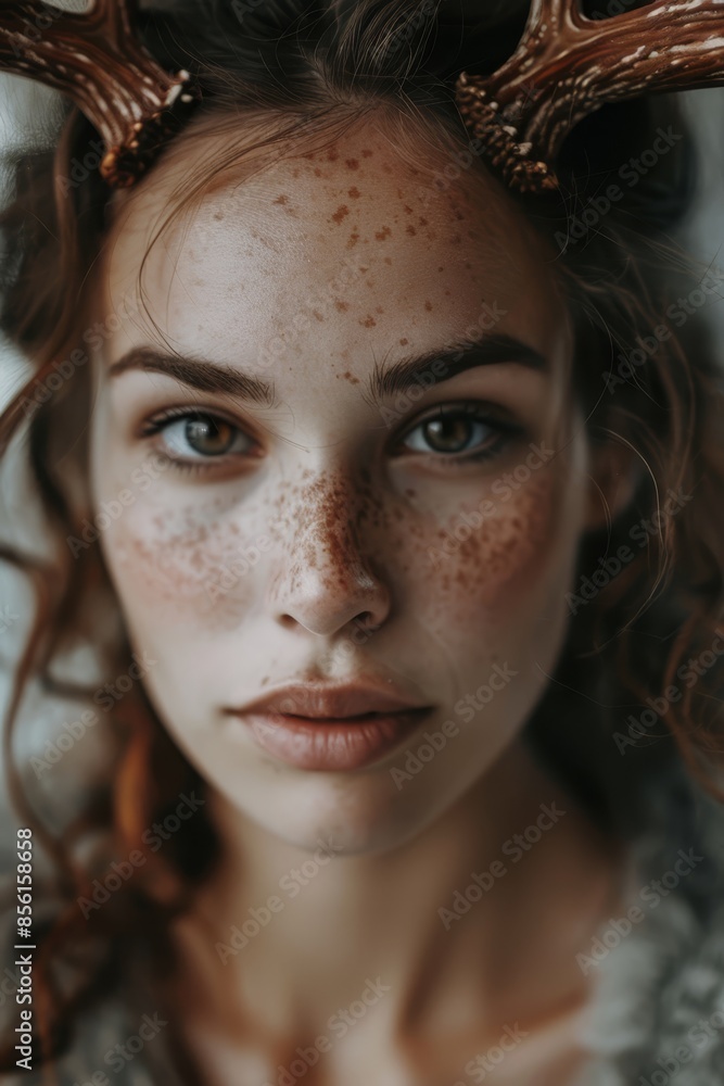 A close-up of a woman with freckles scattered across her head, adorned by a deer's antlers A close-up of a woman with freckles scattered across her head, adorned by a deer's antlers