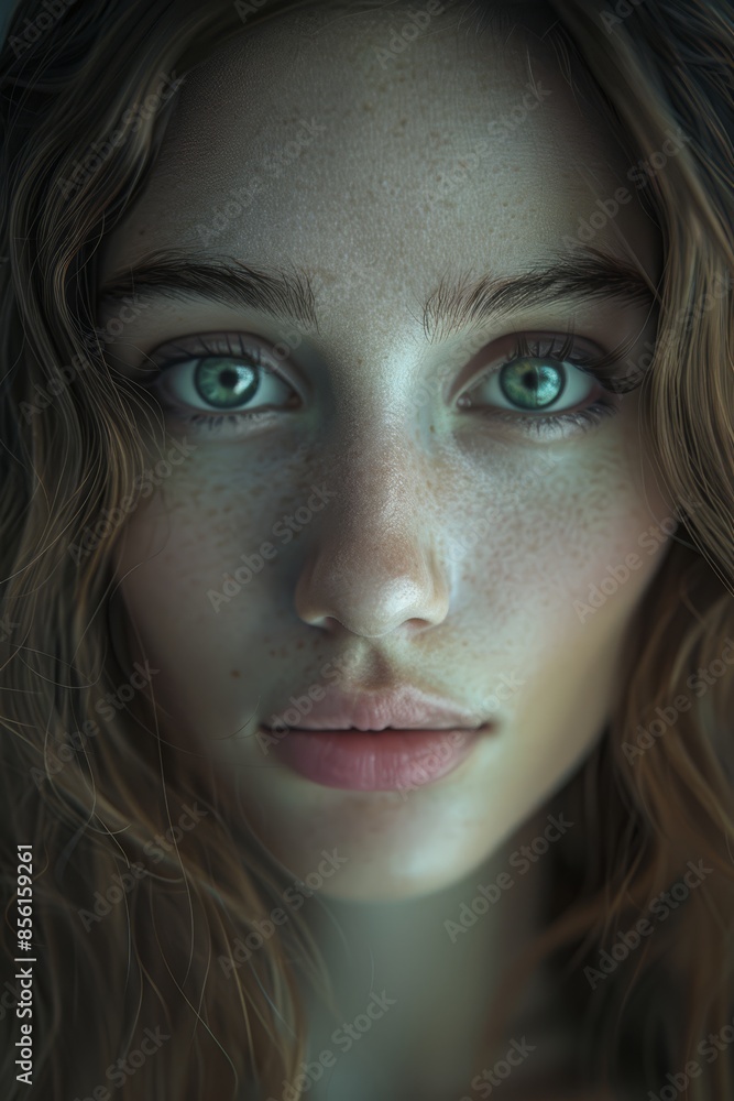 A close-up of a woman's face with freckled hair and freckled eyes, adorned with numerous freckles A close-up of a woman's face with freckled hair and freckled eyes, adorned with numerous freckles