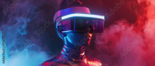 Enveloped in a surreal haze, a futuristic individual dons an advanced VR headset, intent on the immersive experience, highlighted by dramatic bi-color lighting. photo