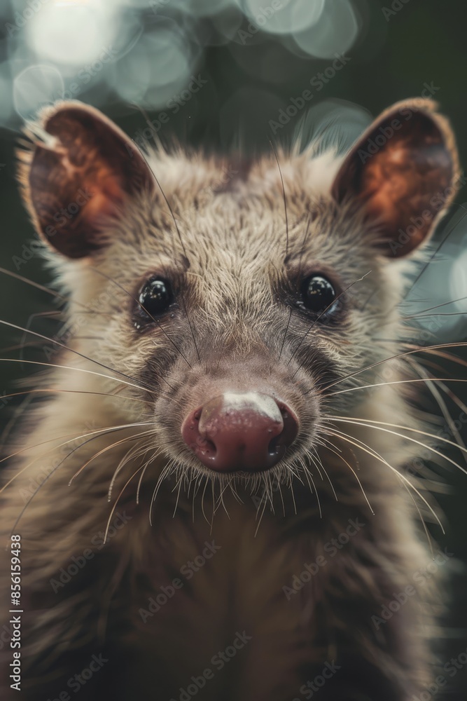 A tight shot of a small animal's face with a soft, blurred backdrop of light illuminating it, and a blurred background of trees A tight shot of a small animal's face with a soft, blurred backdrop of light illuminating it, and a blurred background of trees