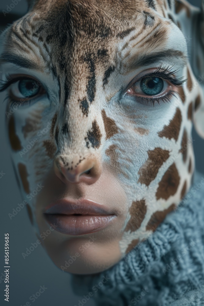 A woman with a giraffe-patterned scarf around her neck, and a face painted with a giraffe design A woman with a giraffe-patterned scarf around her neck, and a face painted with a giraffe design