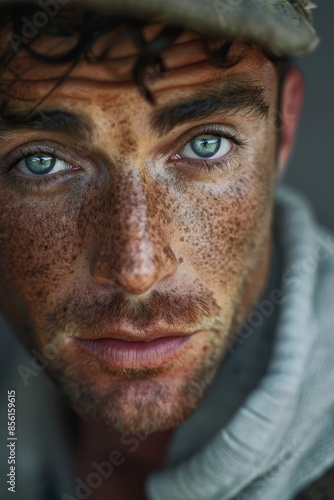  A close-up of a man's face with freckles dotting it, and a hat concealing more, revealing freckles on his hatless head © Jevjenijs