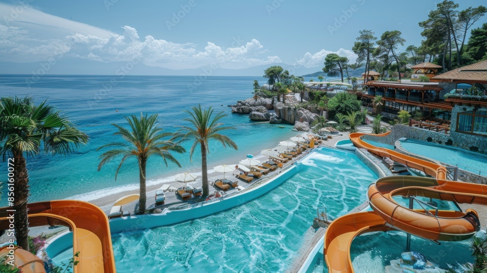Fototapeta premium concept of relaxation on the ocean shore, white sand and palm leaves.