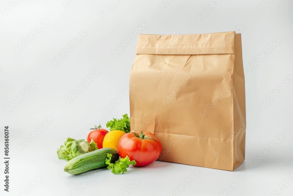 Food delivery ad paper bag mockup with fresh produce on white background, ideal for design printouts Food delivery ad paper bag mockup with fresh produce on white background, ideal for design printouts