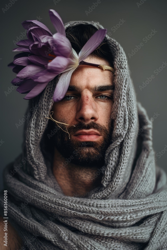 A man wearing a flower in his headband and a scarf with a flower pinned to it A man wearing a flower in his headband and a scarf with a flower pinned to it