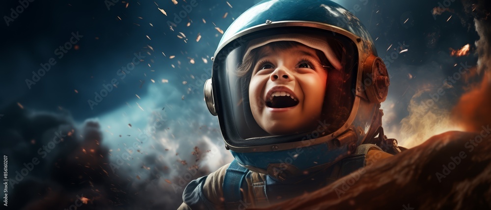 Joyful child with space helmet, watching a rocket launch, intense blue ether above, hands raised in excitement, side view Joyful child with space helmet, watching a rocket launch, intense blue ether above, hands raised in excitement, side view